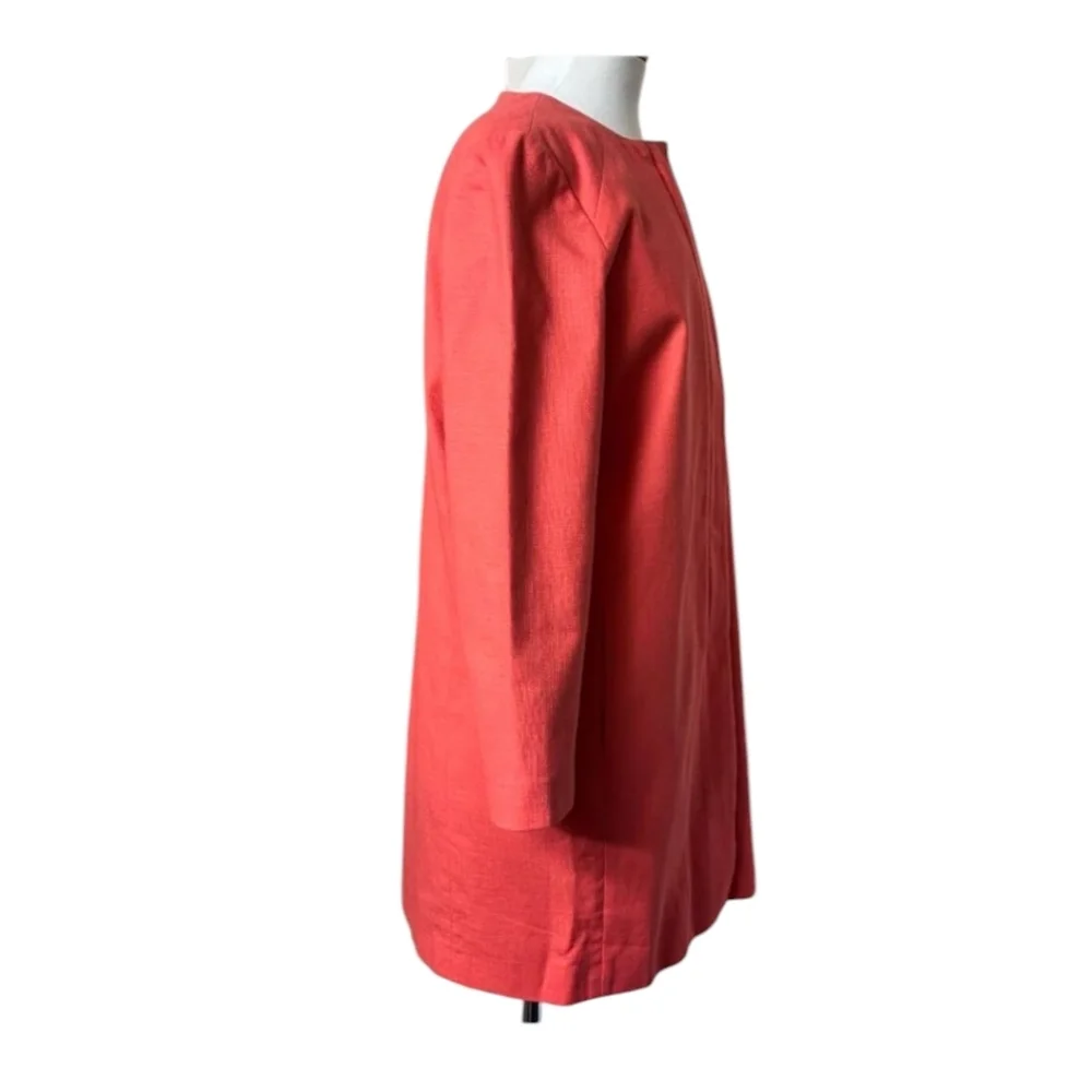 J. Crew Hidden Front Zip Long Collarless Orange Apricot Cotton Coat Jacket Sz 6